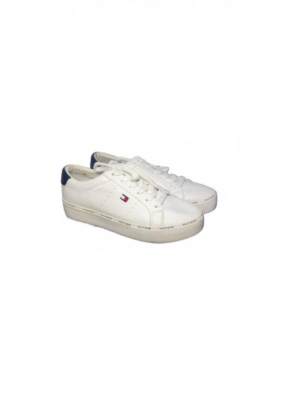Tommy Hilfiger White Leather Sneakers with Navy Heel Accent